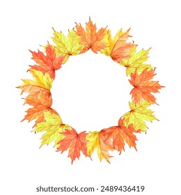 Autumn maple leaves wreath. Round frame Golden fall. Hand drawn watercolor illustration isolated. Forest and park plants. Template with copy space for card, print, advertising, sticker, embroidery. - Powered by Shutterstock