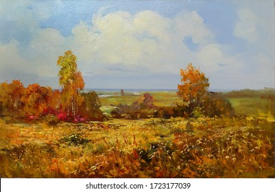 Autumn Meadow With Tall Grasses And Trees Stretching Into The Distance,oil Painting, Fine Art, Trees, Autumn, Sky, Landscape, Nature