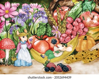 Autumn  Mice   the harvest fruits   vegetables in the fall season illustration  Colorful pencil hand drawing by  children story  book cover  poster  banner  background  holiday  festival 