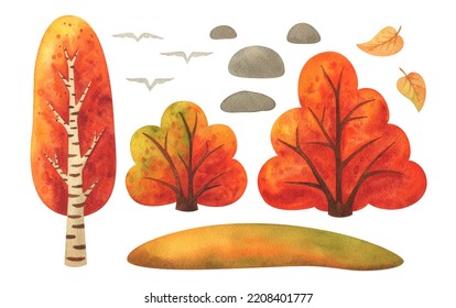 Autumn Nature Clipart. Watercolor Illustrations Of Seasonal Landscape Elements. Autumn Tree, Birch, Bush, Stones, Fallen Leaves, A Piece Of Land, Autumn Soul. Isolated Hand Painted Image