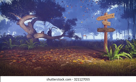 Autumn Night Forest With Old Wooden Signpost On Foreground And With Silhouette Of A Grim Reaper In The Distance. Realistic 3D Illustration Was Done From My Own 3D Rendering File.