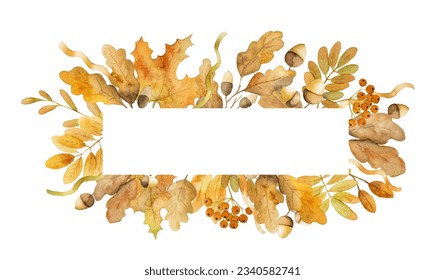 Autumn oak and maple leaves frame design watercolor drawing with copy space. Fall season foliage aquarelle painting - Powered by Shutterstock