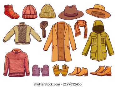 Autumn Outfit Illustration. Must-have Outfit To Stay Warm In Cold Days. Hat, Socks, Coat, Jacket, Sweater, Mitten, Scarf, Boots Illustration On White Background.