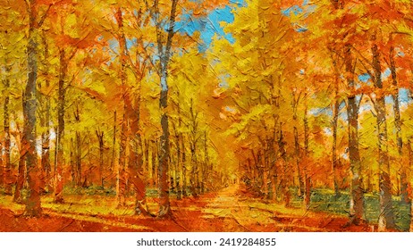 Autumn panorama. Original oil painting on canvas art. Sunny autumn forest trees. Modern impressionism. Autumn gold yellow orange red trees park in sun light landscape artwork acrylic painting - Powered by Shutterstock