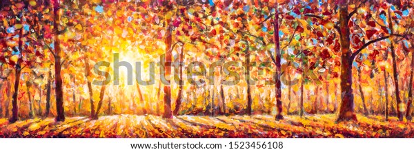 Autumn panorama. Original oil painting on canvas\
art. Sunny autumn forest trees. Modern impressionism. Autumn gold\
yellow orange red trees park in sun light landscape artwork acrylic\
painting