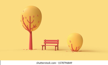 Autumn Park With Red Lonely Bench, Falling Leaves, Simple Cartoon Red Tree And Bush. Landscape In Bright Colors. Concept Art Autumn Mood In Fall Season. Magic 3d Illustration On Yellow Background.