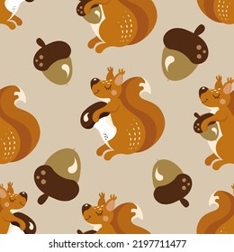 An Autumn Pattern With A Cute Squirrel Character, Acorns And Mushrooms Found By A Red Squirrel, A Nursery Fall Theme Background  