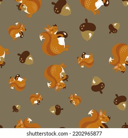 An Autumn Pattern With A Cute Squirrel Character, Acorns And Mushrooms Found By A Red Squirrel, A Nursery Fall Theme Background  