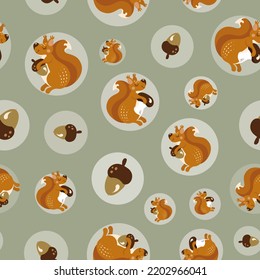 An Autumn Pattern With A Cute Squirrel Character, Acorns And Mushrooms Found By A Red Squirrel, A Nursery Fall Theme Background  