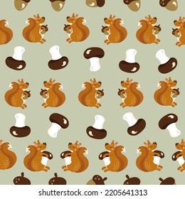 An Autumn Pattern With A Cute Squirrel Character, Acorns And Mushrooms Found By A Red Squirrel, A Nursery Fall Theme Background  