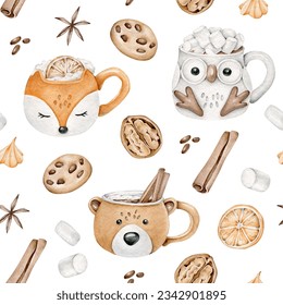 Autumn pattern with hot drinks and cookies.Fall season.Coffee mug.Watercolor autumn ornament. - Powered by Shutterstock