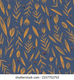 Autumn Pattern With Leaves And Flowers. Yellow Pencil Drawing Plants On Blue Background.