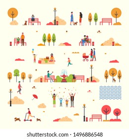 Autumn people fall trees and park isolated set raster. Father and mother with pram, picnic and fountain. Person sitting on bench, walking dog activity - Powered by Shutterstock