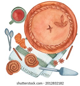 Autumn Pie With Cup Of Tea, Cinnamon Buns, Ginger On Litchen Towel. Cozy Fall Illustration. Perfect For Cards, Cookbook Design And Recipe Books