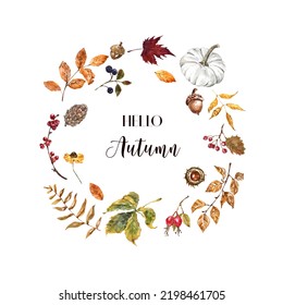 Autumn Plants, Leaves And Pumpkin Wreath. Botanical Round Frame. Watercolor Forest Plants Hand-painted Illustration, Isolated On White Background.