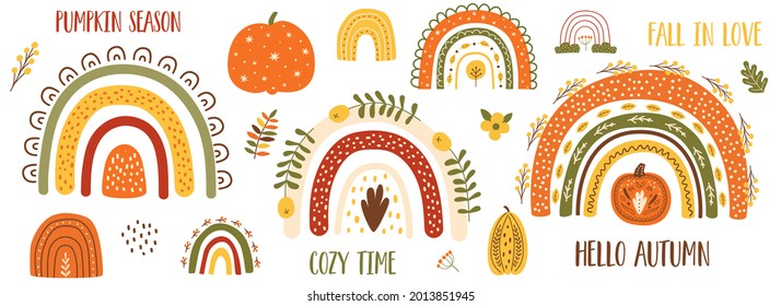 Autumn Pumpkin Clip Art, Autumn Rainbow Set. Thanksgiving Pumpkin, Fall Floral Elements, Cute Arches