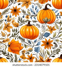 Autumn Pumpkin and Leaves Seamless Background: Vector Illustration