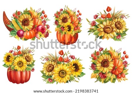 Autumn Pumpkin, sunflowers, leaves. Thanksgiving Day. Autumn decor. Watercolor illustration isolate on white background
