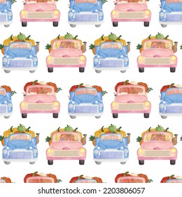 Autumn Pumpkin Truck Seamless Pattern Digital Papers With White Background. Lovely Vintage Farm Truck In Blue And Pink Pastel Watercolor Front View.