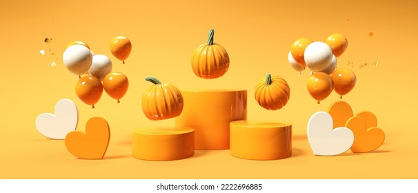 Autumn pumpkins with balloons and hearts - Harvest and Thanksgiving theme - 3D render - Powered by Shutterstock