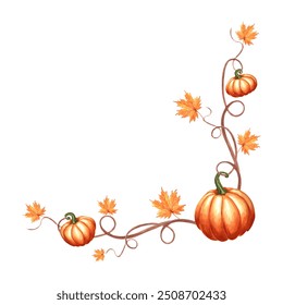 Autumn pumpkins with maple leaves on twigs. Fall frame corner for Harvest fest or Halloween. Hand drawn watercolor illustration isolated. Natural template with copy space for card, Thanksgiving, sale. - Powered by Shutterstock