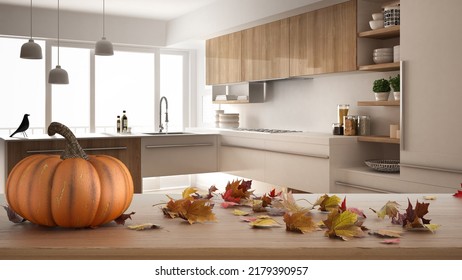 Autumn Pumpkins Still Life On Wooden Table. Thanksgiving Halloween Decoration Over Interior Design Scene. Minimalist Kitchen, Sink, Gas Hob And Appliances, 3d Illustration
