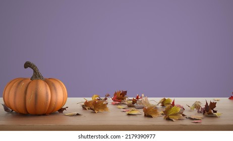 Autumn Pumpkins Still Life On Wooden Table Isolated On Purple Background. Falling Leaves, Thanksgiving Halloween Decoration With Copy Space For Text, 3d Illustration