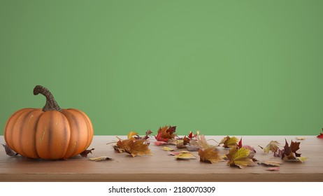Autumn Pumpkins Still Life On Wooden Table Isolated On Green Background. Falling Leaves, Thanksgiving Halloween Decoration With Copy Space For Text, 3d Illustration