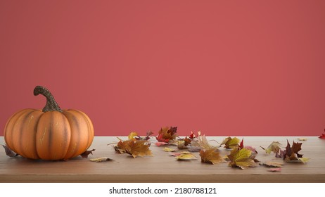 Autumn Pumpkins Still Life On Wooden Table Isolated On Red Background. Falling Leaves, Thanksgiving Halloween Decoration With Copy Space For Text, 3d Illustration