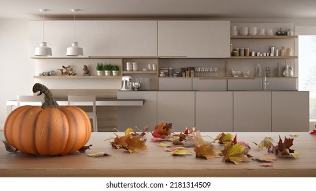 Autumn Pumpkins Still Life On Wooden Table. Thanksgiving Halloween Decoration Over Interior Design Scene. White Modern Kitchen With Wooden Details, 3d Illustration