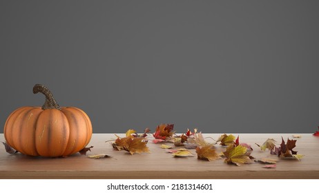 Autumn Pumpkins Still Life On Wooden Table Isolated On Gray Background. Falling Leaves, Thanksgiving Halloween Decoration With Copy Space For Text, 3d Illustration