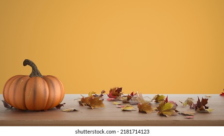 Autumn Pumpkins Still Life On Wooden Table Isolated On Yellow Background. Falling Leaves, Thanksgiving Halloween Decoration With Copy Space For Text, 3d Illustration