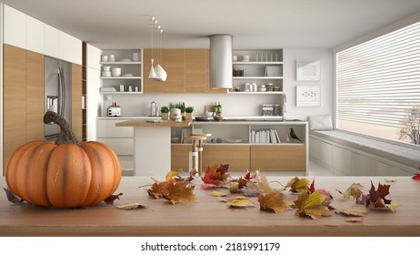 Autumn Pumpkins Still Life On Wooden Table. Thanksgiving Halloween Decoration Over Interior Design Scene. Minimalist Kitchen With Island And Stools, Panoramic Window, 3d Illustration