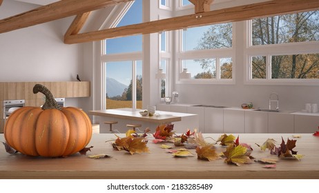 Autumn Pumpkins Still Life On Wooden Table. Thanksgiving Halloween Decoration Over Interior Design Scene. Modern Kitchen In Country Apartment, 3d Illustration
