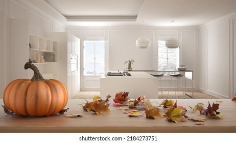 Autumn Pumpkins Still Life On Wooden Table. Thanksgiving Halloween Decoration Over Interior Design Scene. Modern Kitchen In Classic Apartment With Island, 3d Illustration
