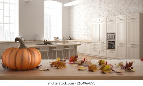 Autumn Pumpkins Still Life On Wooden Table. Thanksgiving Halloween Decoration Over Interior Design Scene. Modern Kitchen In Classic Apartment With Brick Wall, 3d Illustration