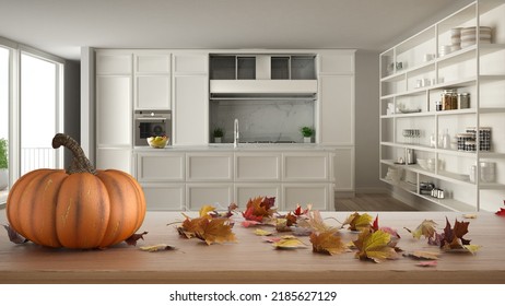 Autumn Pumpkins Still Life On Wooden Table. Thanksgiving Halloween Decoration Over Interior Design Scene. Modern Kitchen With Island And Bookshelf, 3d Illustration