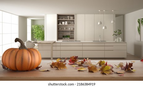 Autumn Pumpkins Still Life On Wooden Table. Thanksgiving Halloween Decoration Over Interior Design Scene. Modern Minimal Kitchen With Dining Table, 3d Illustration