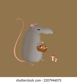 Autumn Rat Collects Mushrooms With A Basket, Autumn Mood, Cozy Picture