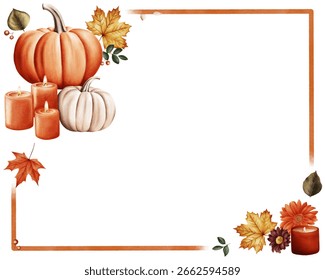 Autumn rectangular frame decorated with orange and white pumpkins, fall leaves, candles, and flowers. The illustration is done in a warm watercolor style, creating a cozy and festive feel.