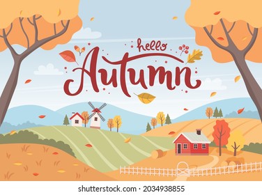 Autumn rural landscape with trees, fields, houses and windmill. Countryside landscape. illustration - Powered by Shutterstock