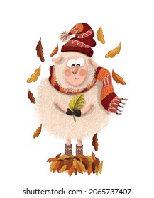 Autumn Sad Sheep Stands In Autumn Leaves