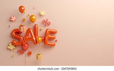 Autumn sale background with balloon, maple leaves, gift box, copy space text, 3D rendering illustration - Powered by Shutterstock