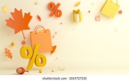 Autumn sale background with maple leaves shopping bag gift box percent symbol acorn, copy space text, 3D rendering illustration - Powered by Shutterstock