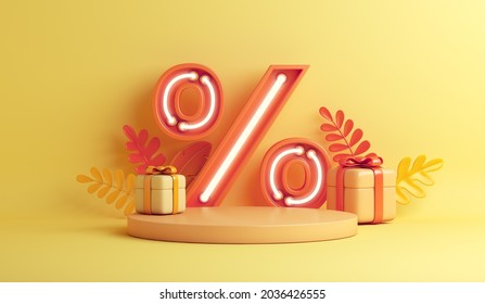 Autumn Sale Background With Neon Light Percent Symbol, Orange Leaves Display Podium Gift Box, Copy Space Text, 3D Rendering Illustration