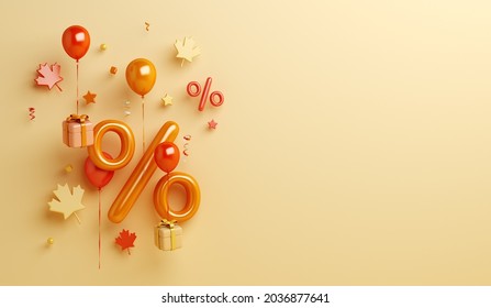 Autumn sale background with percent symbol balloon, maple leaves, gift box, copy space text, 3D rendering illustration - Powered by Shutterstock