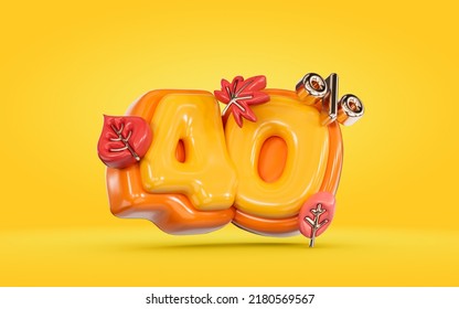 Autumn Sale Banner 40 Percent Discount Number With Maple Leaf On Yellow Background 3d Render