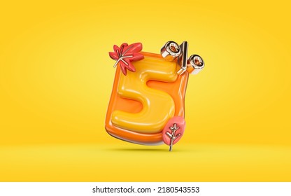 Autumn Sale Banner 5 Percent Discount Number With Maple Leaf On Yellow Background 3d Render