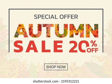 Autumn Sale Banner With Fall Leaves. Discount Background Design For Promotion, Poster, Flyer Or Ad. Special Offer With 20 Percent Price Off. 