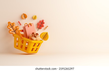 Autumn sale decoration background with basket shopping cart, gift box, bag, leaves, copy space text, 3D rendering illustration - Powered by Shutterstock